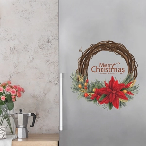 Christmas wreath wall sticker with Merry Christmas lettering on a fridge door decor