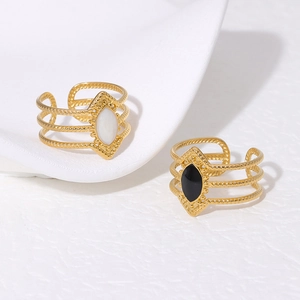 Detail of 18K gold-plated titanium rings with interlaced triple layer shell and black stones
