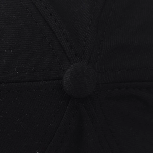 Macro detail of high-quality stitching and fabric texture on a black cotton baseball cap