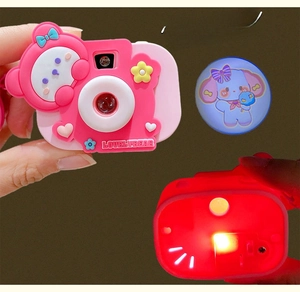 Pink cartoon toy camera with light projection feature and cute bear design detail