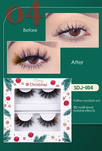 Christmas themed yellow 3D multi-level natural eyelashes set in festive gift box