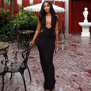 Halter Neck Maxi Dress Deep V-Neck Ruched Hollow Out Slim Fit Sleeveless Solid Color Streetwear Party Women Clothing
