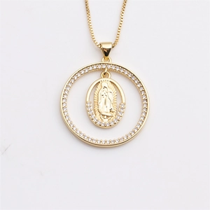 Hip hop gold necklace with round openwork virgin mary cross star pendant on white