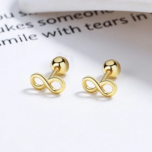 Minimalist 925 sterling silver infinity earrings in gold finish with screw back closure