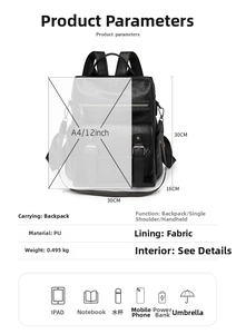 Detailed size specifications for the vintage black PU leather backpack for women