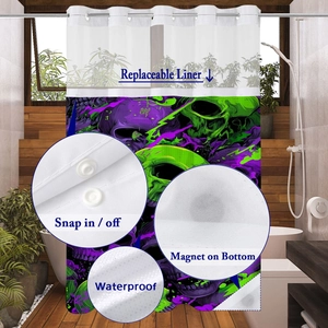 Detail view of purple Halloween shower curtain with snap-in liner and magnetic weighted hem