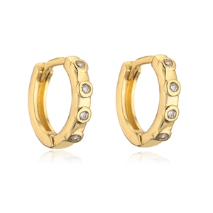Macro detail of 18K gold plated hoop earrings with micro-set cubic zirconia stones