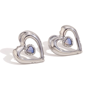 Silver stainless steel double heart stud earrings with blue heart-shaped gemstone center