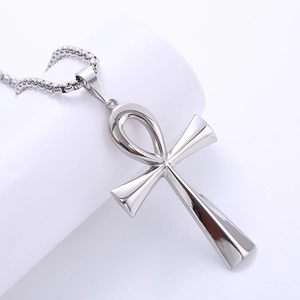 Polished silver stainless steel Ankh cross pendant necklace on a clean white background