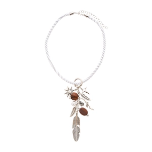 Vintage bohemian necklace with wooden beads, faux pearl and silver feather pendant charms