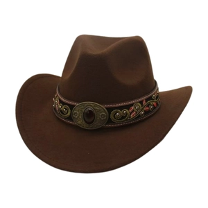 Brown wide-brim western cowboy felt hat with vintage ethnic embroidered band and red gemstone