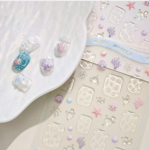 Detailed relief ocean nail stickers with 3D shells pearls and water ripple texture