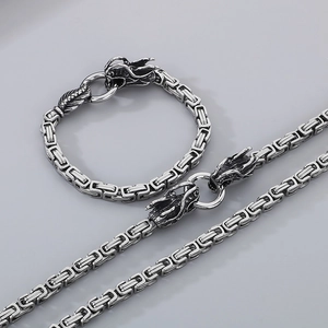 Detailed close-up of 6mm stainless steel Byzantine chain with ornate dragon head clasp