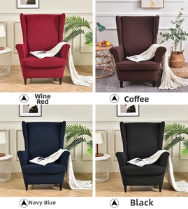 Collage of four stretch wingback chair covers in burgundy, brown, navy, and black fabric