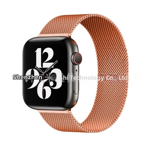Close-up of rose gold Milanese loop band with magnetic clasp for smartwatches