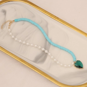 Bohemian mixed pearl and turquoise beaded necklace with emerald heart pendant