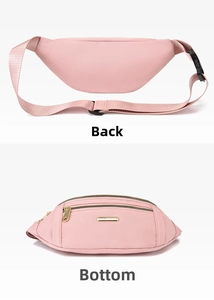 Rear and bottom view of pink PU sports chest bag with gold zippers and strap buckles