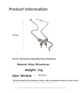 Detailed size specifications for the silver butterfly tassel necklace with dimensions