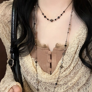 Double Layered Alloy Crystal Beaded Necklace Retro Hollow Flower Pendant Long Sweater Chain For Women Niche Design