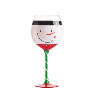 Hand-painted snowman glass wine goblet with green stem and red base for Christmas gift