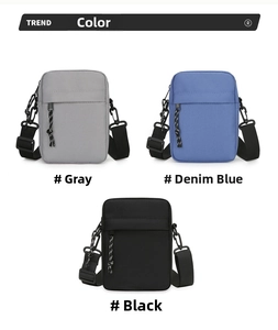Detailed view of casual crossbody bags in gray, denim blue, and black oxford fabric