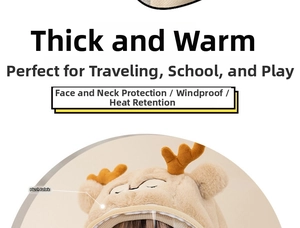Close-up of children's plush fleece hood with orange antlers and warm neck protection
