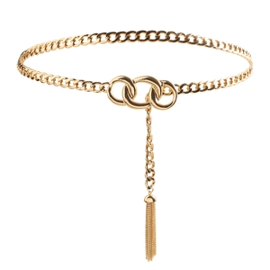 Elegant gold metal waist chain belt with interlocking rings and decorative tassels