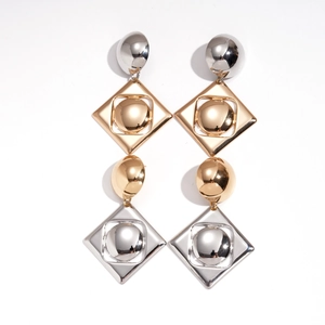 Geometric gold and silver metal earrings with layered squares and spheres for women