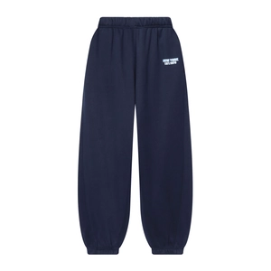 Navy blue New York print sweatpants with elastic waist and ribbed cuffs for casual wear