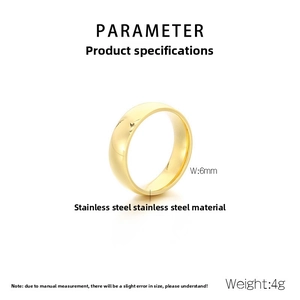 Detail view of 6mm polished gold stainless steel ring with product size specifications