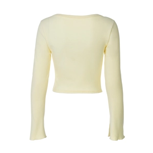 Back view of a light yellow cropped long-sleeve knit cardigan with a simple crew neckline