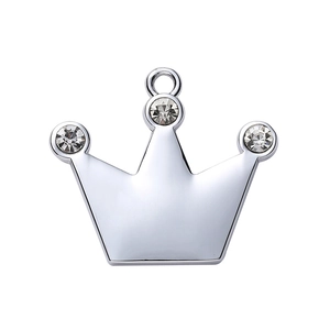 Zinc alloy crown pet tag with clear rhinestones and polished silver finish for collars