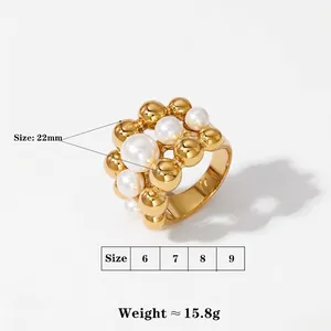 Vintage triple-layer gold bead and pearl ring with high-polished stainless steel finish