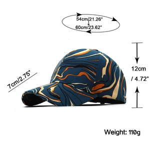 Tie-dye plaid baseball cap with fluid marble texture and adjustable strap measurements