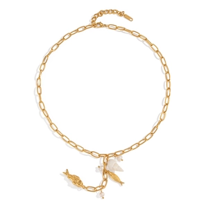 Elegant gold shell and koi fish pendant necklace with natural freshwater pearls and clasp