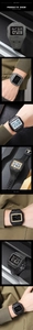Close-up of SKMEI digital sports watch showing 50M waterproof dial and silicone strap