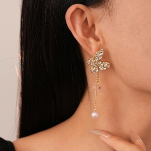 Elegant gold butterfly earrings with sparkling crystals and pearl tassels for women