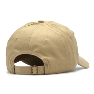 Detail of khaki baseball cap back with distressed edge and vintage bronze metal buckle