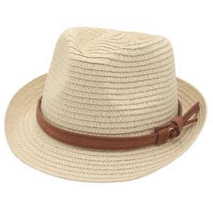 Classic straw fedora hat in natural beige with brown leather band and tassel detail