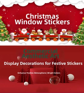 Detailed view of Christmas window stickers with Santa, reindeer and snowman cartoons