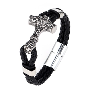 Viking Thor's Hammer braided black leather bracelet with a silver magnetic metal clasp