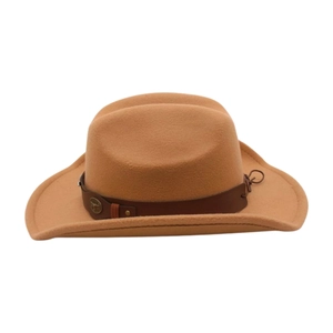 Detail of khaki wool felt cowboy hat with brown leather band and metal buckle ornament