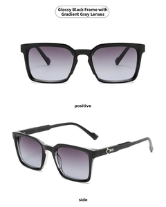 Close-up of square black sunglasses with gradient grey lenses and diamond metal detail