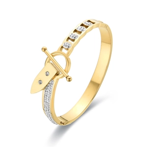 Gold stainless steel buckle bracelet with pavé rhinestones in a sleek hollow design