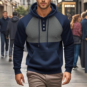 Men's casual hoodie in navy blue and grey color block with three-button placket and drawstring