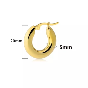 Polished golden stainless steel thick hoop earrings 20mm diameter and 5mm width