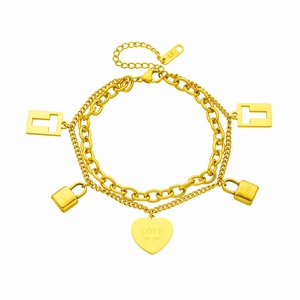 Gold double-layer chain bracelet featuring heart and lock charms with LOVE engravings