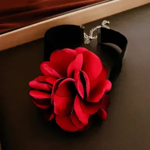 Elegant red rose floral choker necklace with black velvet band and silver metal clasp