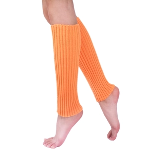 Detailed knit texture of bright orange leg warmers for women in high-quality rib-knit