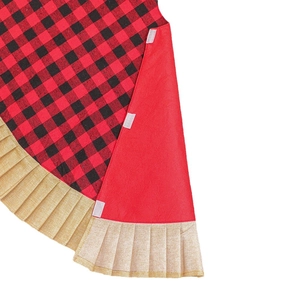 Classic red and black buffalo plaid Christmas tree skirt with pleated gold trim and velcro